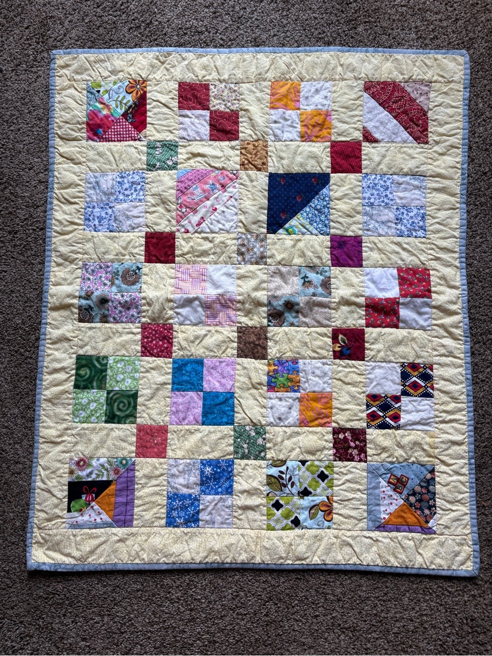 Handmade Patchwork Baby Quilt in Yellow with Multicolor Squares